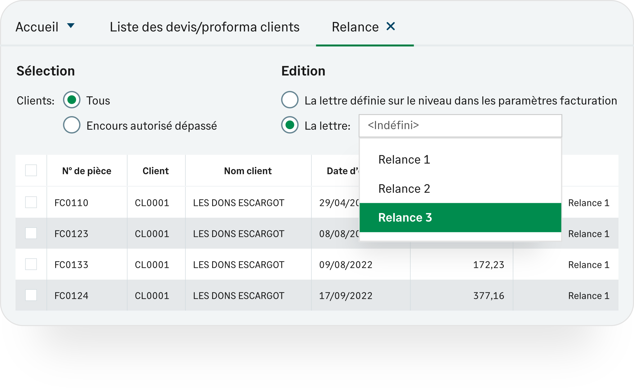 Sage 50 Gestion Commerciale relances clients